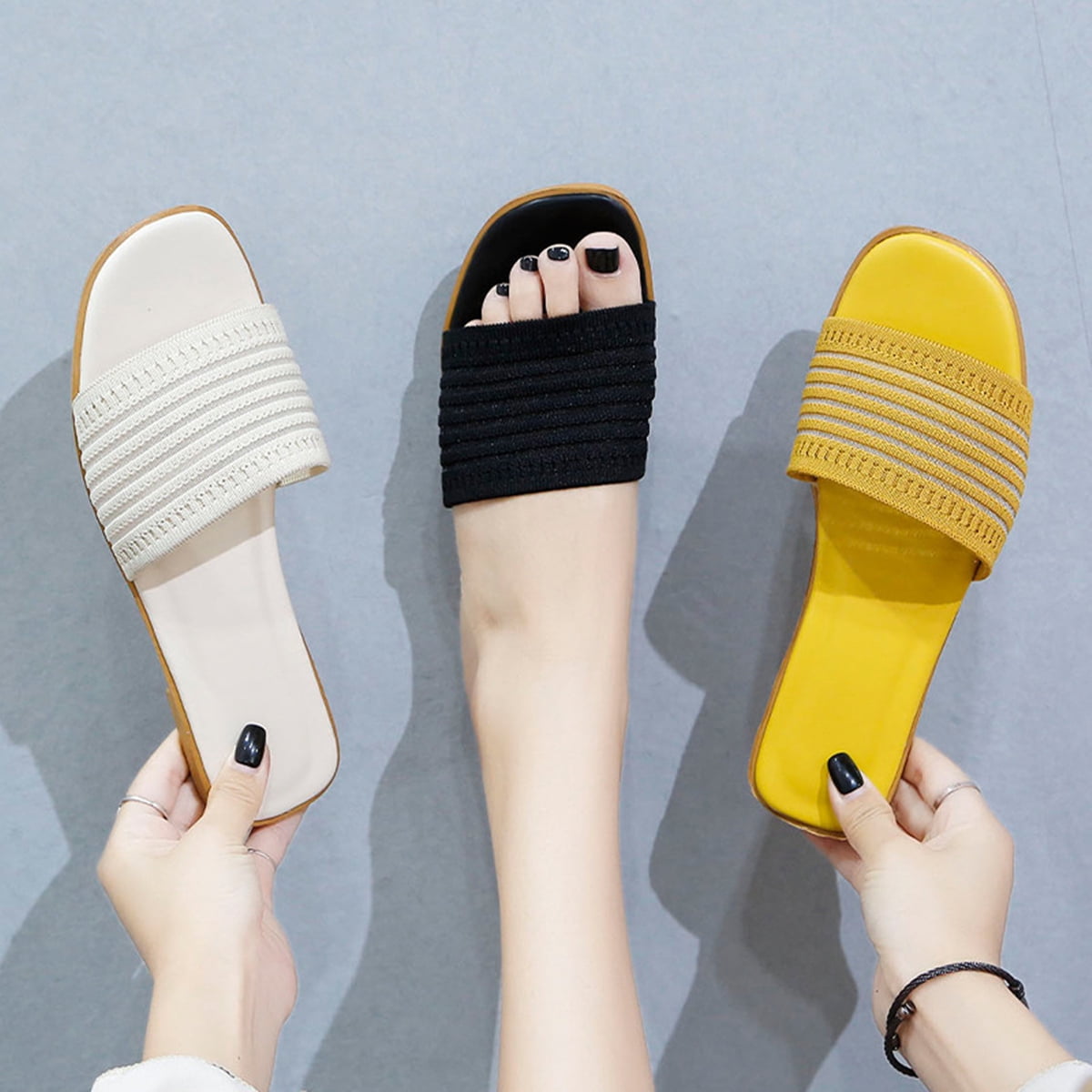 Hawee Women Girls Faux Leather Slide Sandals Mesh Fabric Stretchy