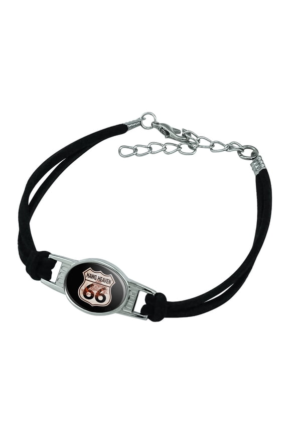 Hawg Heaven Route 66 Highway Hog Biker Motorcycle Novelty Suede Leather Metal Bracelet