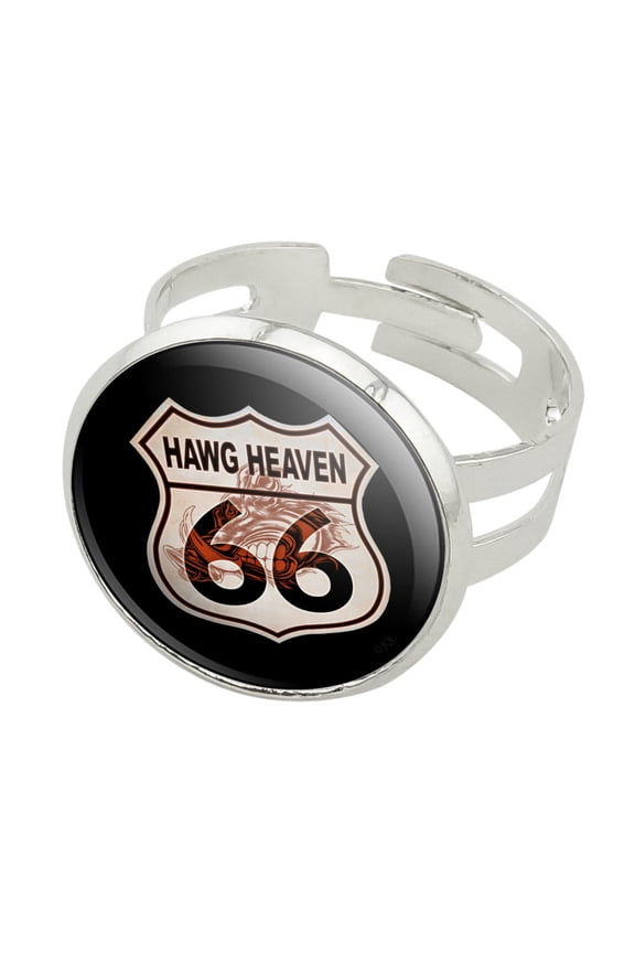 Hawg Heaven Route 66 Highway Hog Biker Motorcycle Silver Plated Adjustable Novelty Ring