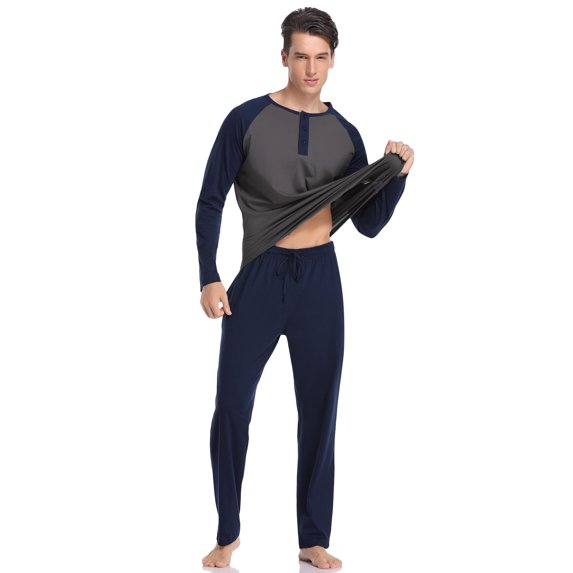 Hawiton Men's Pajama Set Long Sleeve Sleepwear Lounge Nightwear Set for Men Cotton 2 Piece Pj Sets
