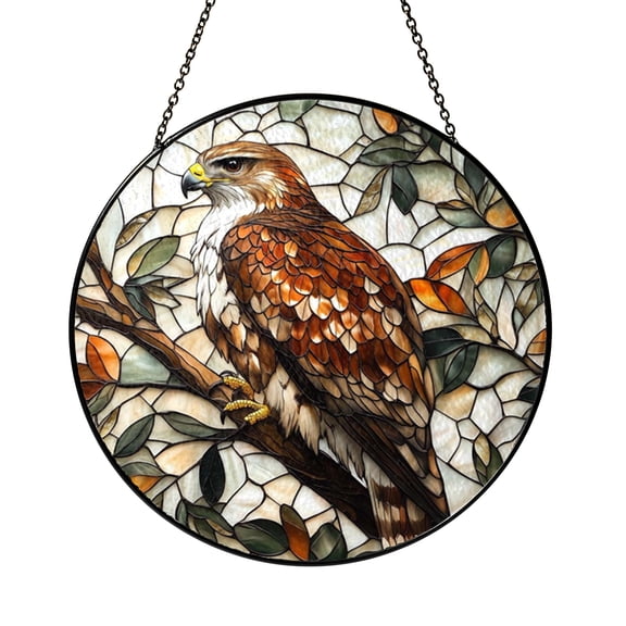Hawk Bird Perched Branch Scene Stained Glass Style Window Suncatcher Hanging, Decorative Glass Panel Art Ornament for Wildlife Decor