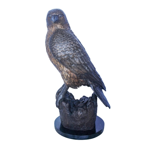 Hawk Bronze Statue Standing on Tree Stump with Marble Base 12" x 15" x 29"H
