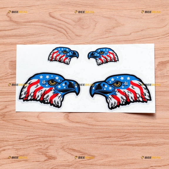 Hawk Eagle Head American Flag Vinyl Decal Sticker - Mirror Images Reversed - 2 Pairs Reflective, 2 Inches, 4 Inches - for Car Boat Laptop Cup Phone