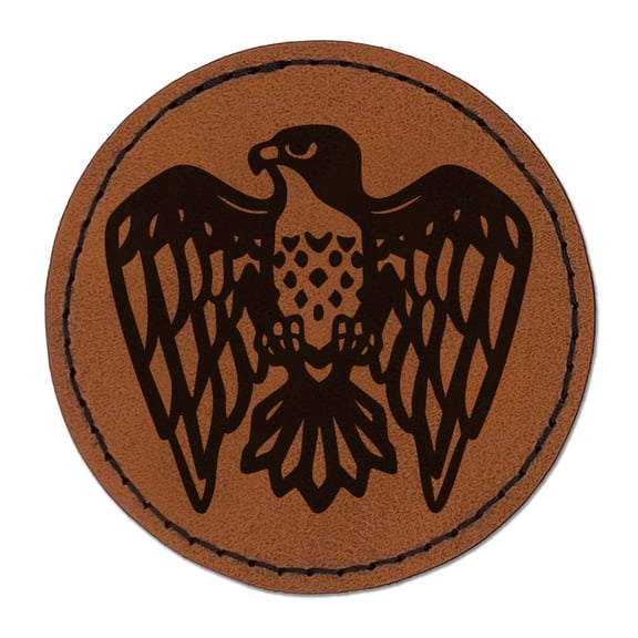 Hawk Falcon Eagle Bird Emblem Symbol Round Iron-On Engraved Faux Leather Patch Applique - 2.5 Inch - Brown