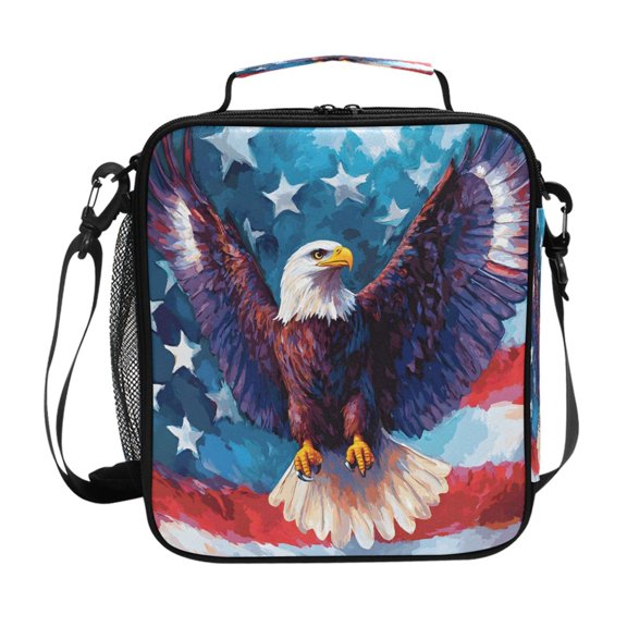 Hawk Flying Flag Oil Painting Insulated Lunch Bag Reusable Lunch Box Lunch Container with Straps