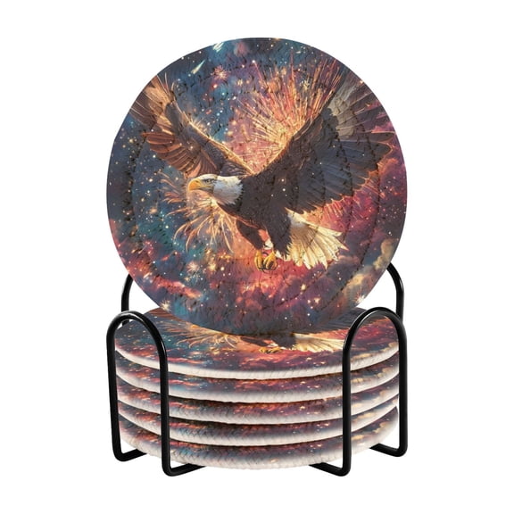 Hawk Flying Starry Night Drinking Coasters Cup Mat with Holder for Kitchen Cafe Bar 6 Packs