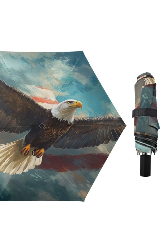 Hawk Flying over Flag All Weather Umbrella Triple Folding Parasol 6 Ribs UV Protection Portable