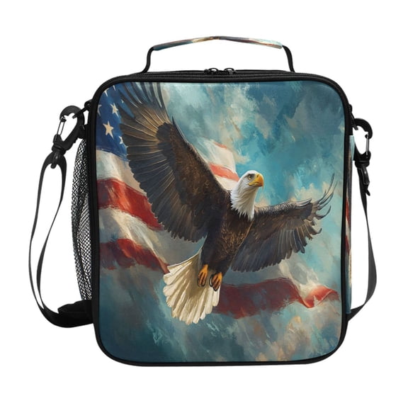 Hawk Flying over Flag Insulated Lunch Bag Reusable Lunch Box Lunch Container with Straps