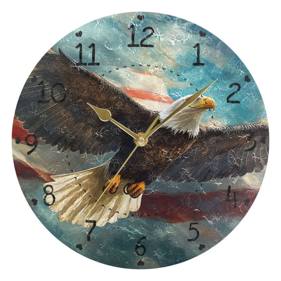 Hawk Flying over Flag Round Wall Clock Silent Analog Battery Operated Gold Pointer Home Decor 9.84" Diameter