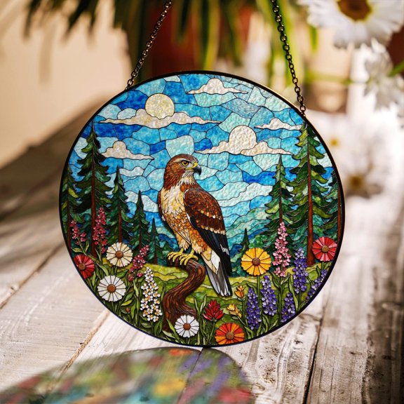 Hawk Forest Scene Glass Suncatcher, Nature Window Decor Bird Lover, 7.9 in