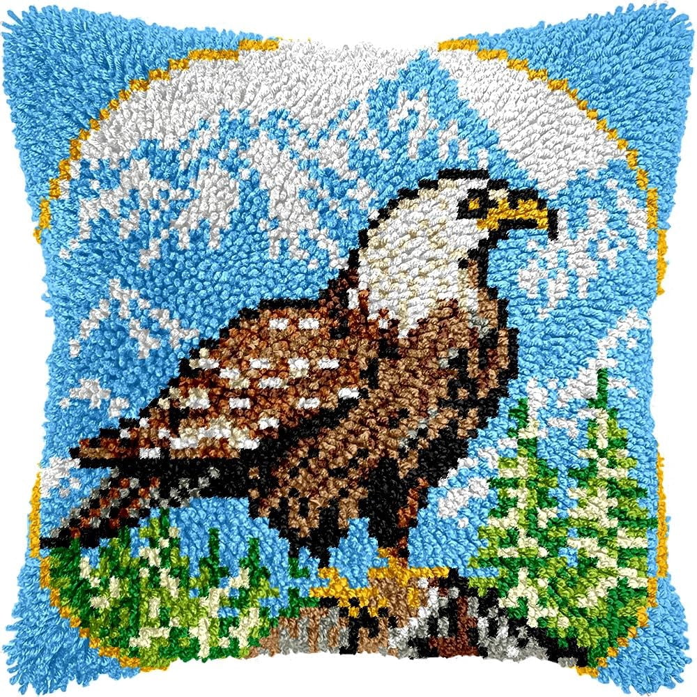 Hawk on the Mountain Latch Hook Pillow Kits Pillow Cover Latch Hook Crafts Crochet Knitted Hooking Pillowcase Cushion Crafts Embroidery Latch Hooking Kits Material Set 17x17 inch(111)
