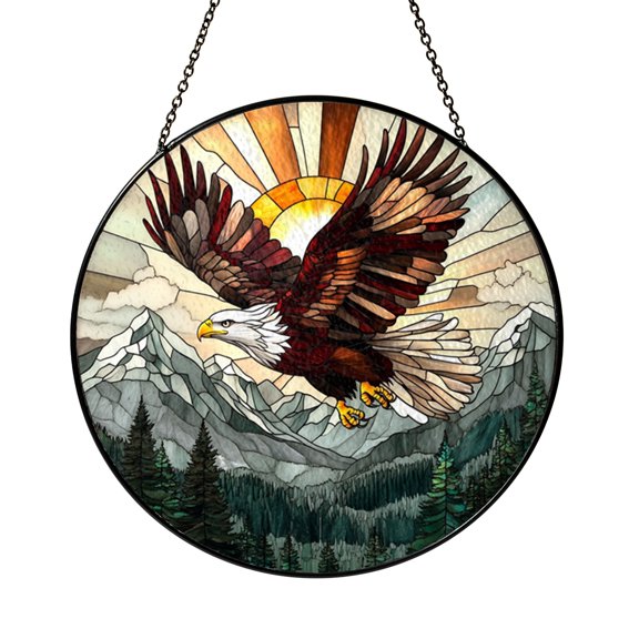 Hawk Mountain Scene Stained Glass Style Suncatcher, Wildlife Decorative Window Hanging Art