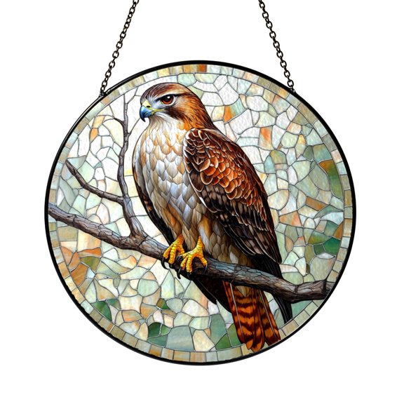 Hawk Perched on Branch Stained Glass Style Window Hanging – Nature Decor Art