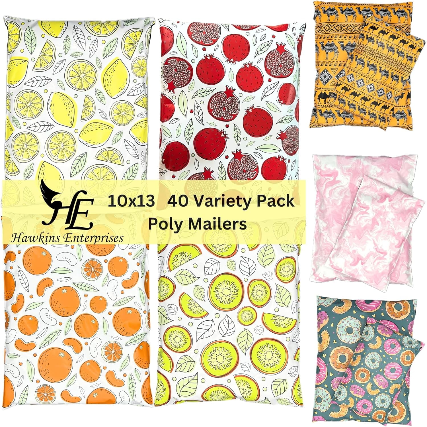 Hawk Poly Mailers 10x13 Cute Fruit Lemon Orange Variety 3.15mil Tamper-Evident Self-Sealing Shipping Envelopes Small Businesses Printed Mailing Bags (Fantabulous Fruit Basket 40 Pack, 10x13)