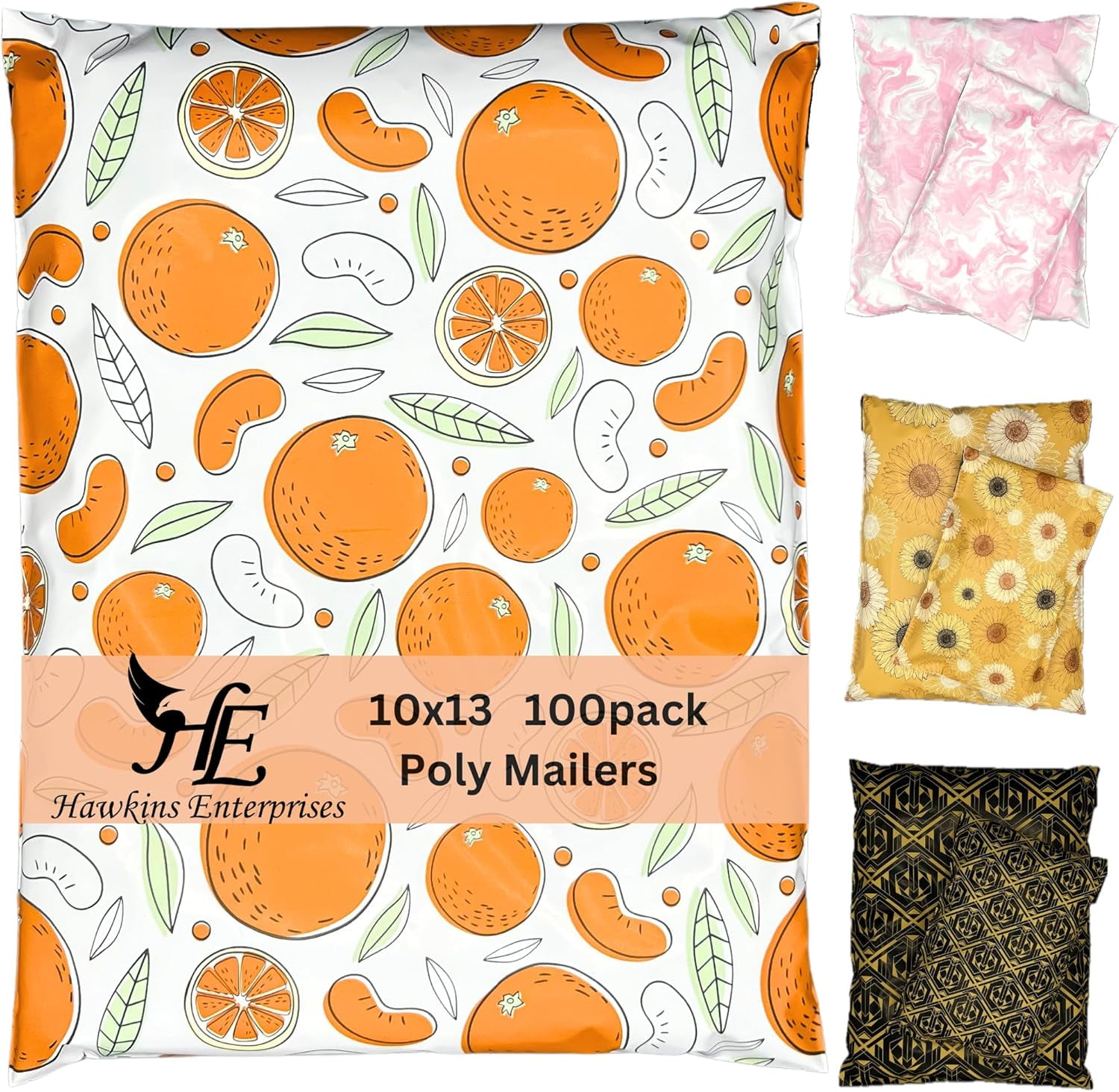 Hawk Poly Mailers 10x13 Cute Heavy Duty 3.15mil Self-Sealing Shipping Envelopes Small Businesses Printed Waterproof Mailing Bags Tear Proof Fun Fruit Non Padded (Outlandish Oranges 100 pack, 10x13)