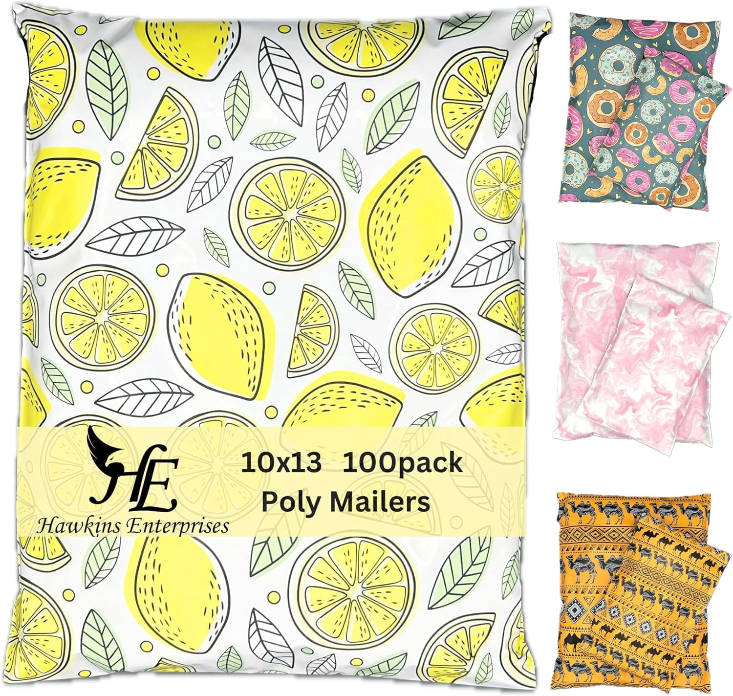 Hawk Poly Mailers 10x13 Cute Heavy Duty 3.15mil Self-Sealing Shipping Envelopes for Small Businesses Printed Waterproof Mailing Bags Tear Proof Fun Fruit Non Padded (Lucky Lemons 100 pack, 10x13)
