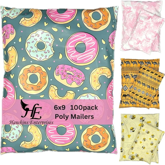 Hawk Poly Mailers 6x9 Cute Donut Hearts Heavy Duty 3.15mil Tamper-Evident & Self-Sealing Shipping Envelopes for Small Businesses Printed Waterproof Mailing Bags Non Padded (Dazzlin' Donuts, 6x9)