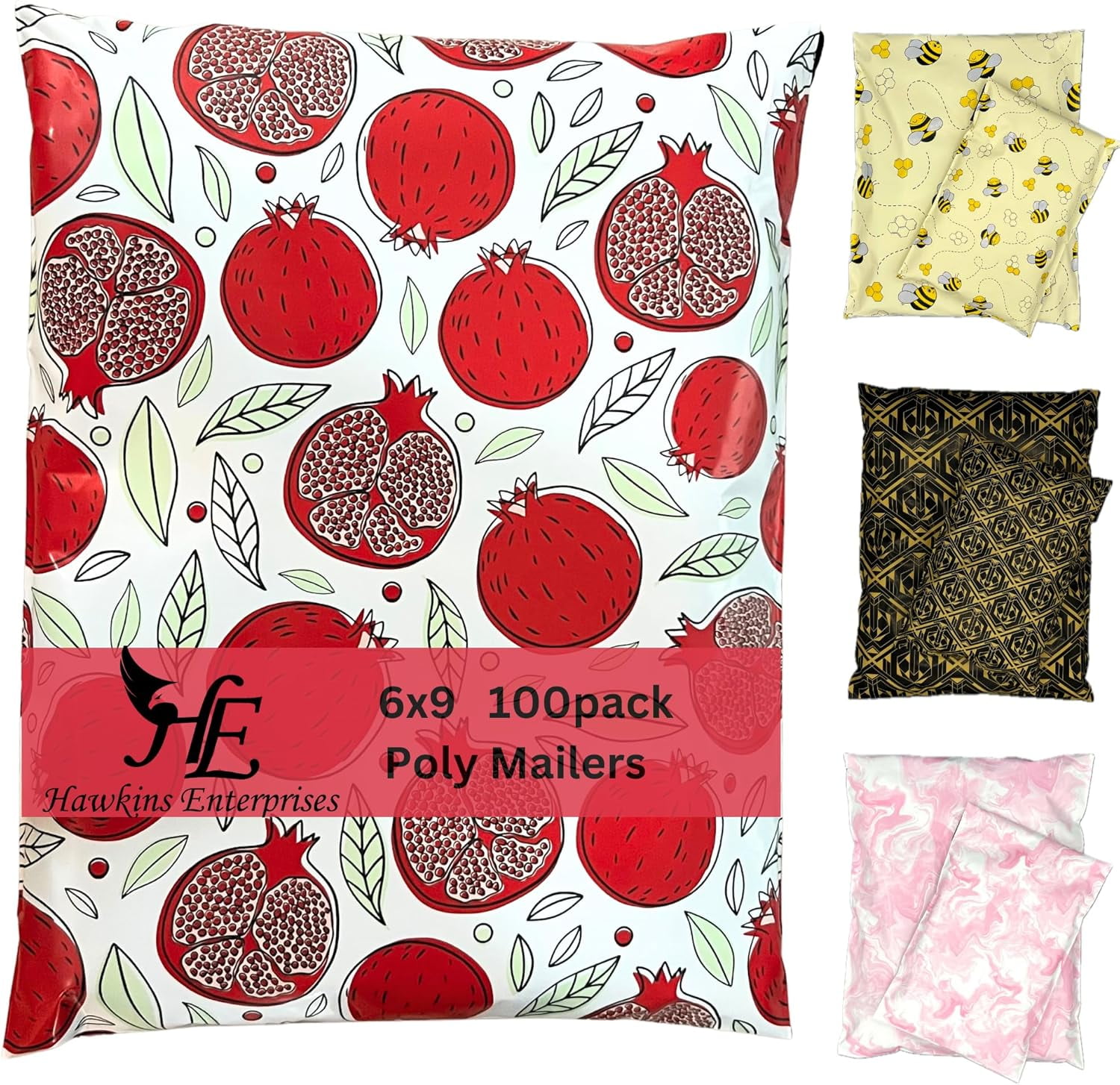 Hawk Poly Mailers 6x9 Cute Fun 3.15mil Tamper-Evident Self-Sealing Shipping Envelopes for Small Businesses Printed Waterproof Mailing Bags Tear Proof Non Padded (Popping Pomegranates, 6x9)