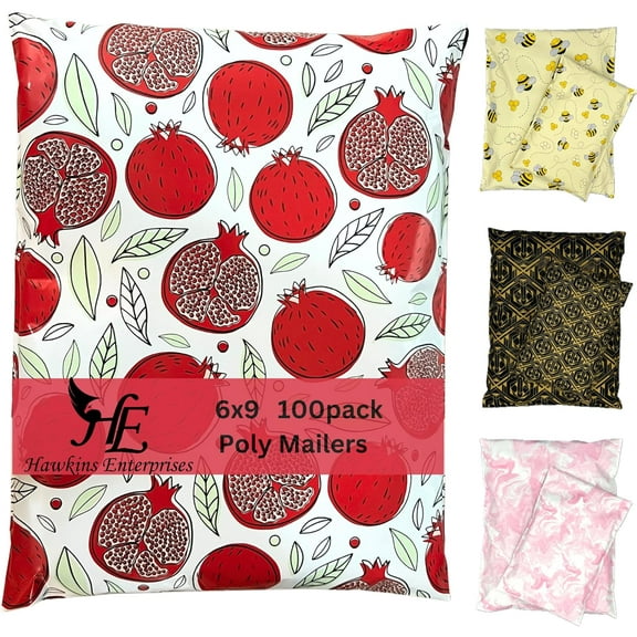 Hawk Poly Mailers 6x9 Cute Fun 3.15mil Tamper-Evident Self-Sealing Shipping Envelopes for Small Businesses Printed Waterproof Mailing Bags Tear Proof Non Padded (Popping Pomegranates, 6x9)