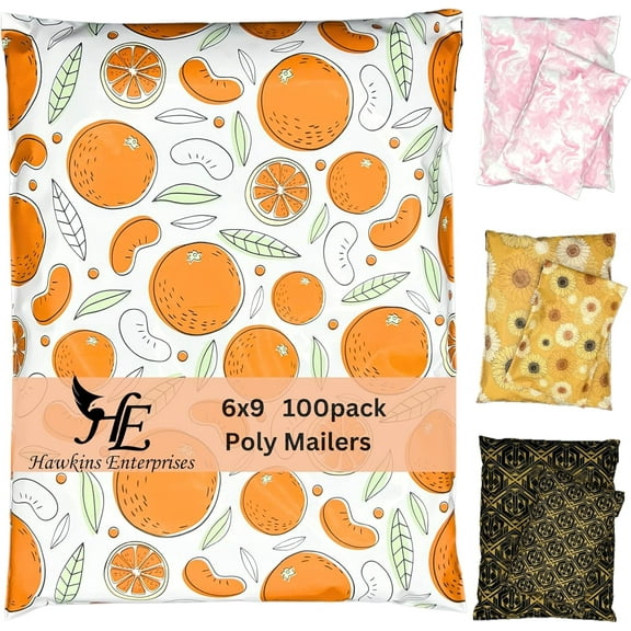 Hawk Poly Mailers 6x9 Cute Heavy Duty 3.15mil Self-Sealing Shipping Envelopes for Small Businesses Printed Waterproof Mailing Bags Tear Proof Fun Fruit Non Padded (Outlandish Oranges 100 pack, 6x9)