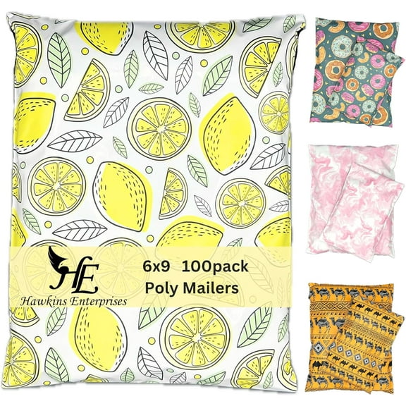 Hawk Poly Mailers 6x9 Cute Heavy Duty 3.15mil Self-Sealing Shipping Envelopes for Small Businesses Printed Waterproof Mailing Bags Tear Proof Fun Fruit Non Padded (Lucky Lemons 100 pack, 6x9)