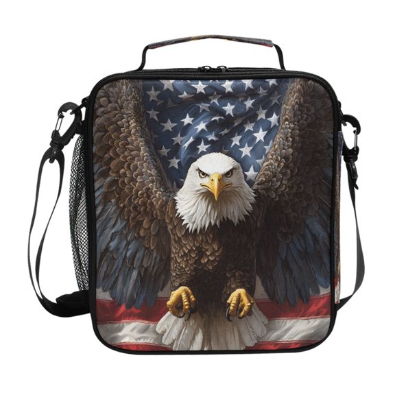 Hawk Spread Wings Front Flag Insulated Lunch Bag Reusable Lunch Box Lunch Container with Straps