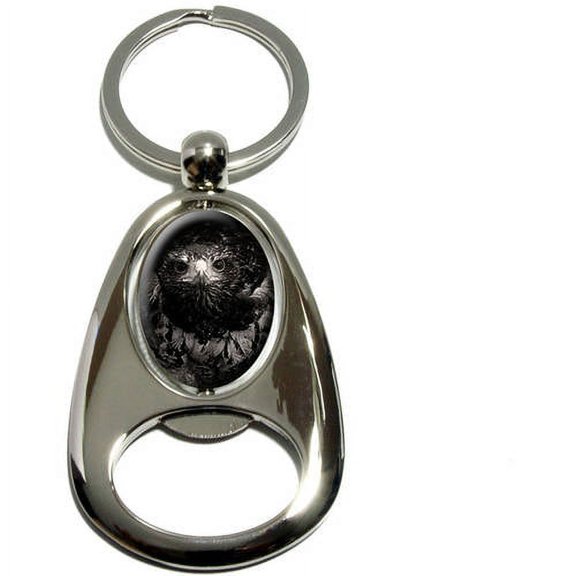Hawk on Black and White, Raptor Avian, Chrome Plated Metal Spinning Oval Design Bottle Opener Keychain Key Ring