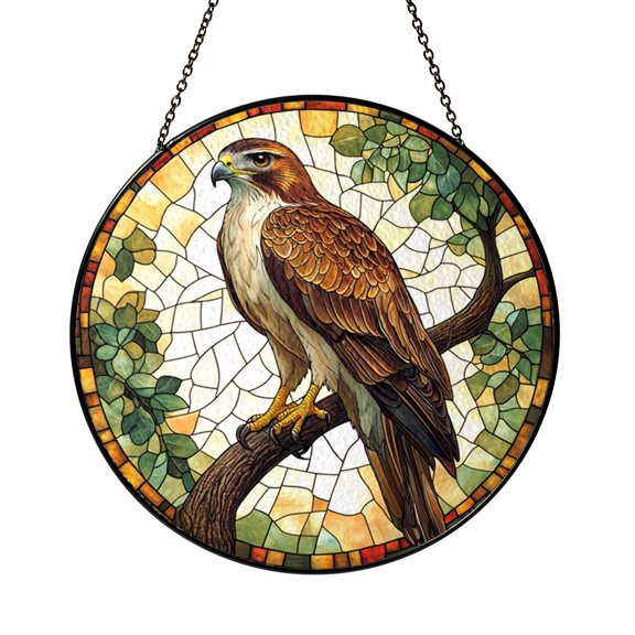 Hawk on Branch Stained Glass Style Window Suncatcher, Decorative Wildlife Hanging Art Panel Ornament for Rustic Home Decor