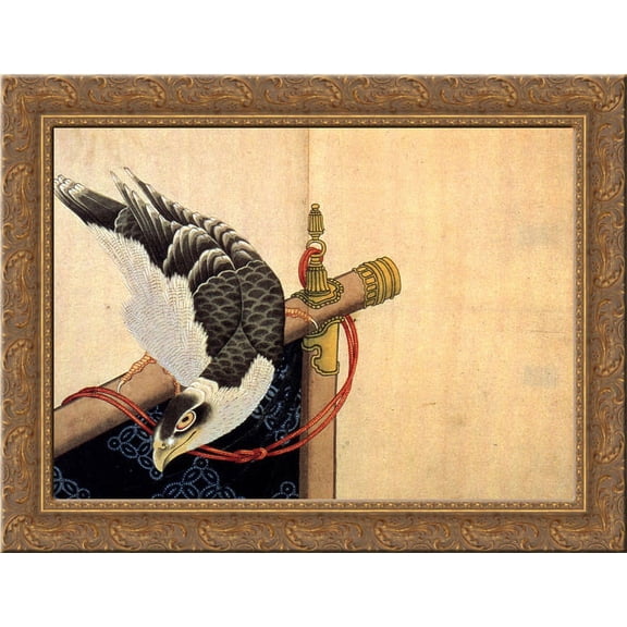 Hawk on a ceremonial stand 24x18 Gold Ornate Wood Framed Canvas Art by Katsushika Hokusai