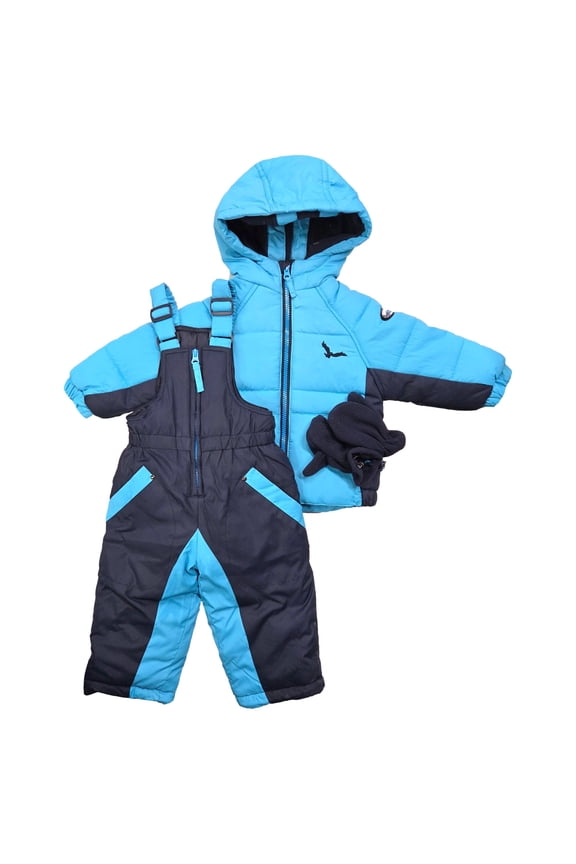 Infant Boys Blue Snowsuit Coat, Snow Bibs & Gloves Set 12 Months