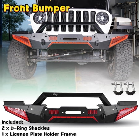 Hawkely NEW Hollow Carved Design Jeep Front Bumper for 2007-2018 Jeep Wrangler JK/2018-2026 Jeep Wrangler JL/2019-2026 Jeep Gladiator JT w/2* D-Ring Shackles+1* License Plate Holder Frame