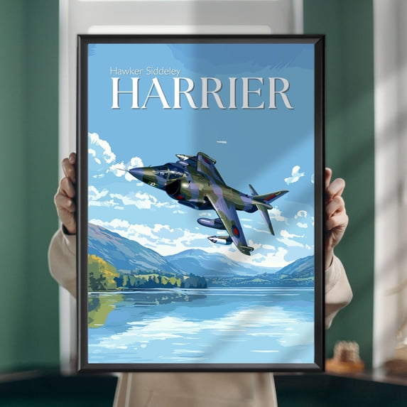 Hawker Siddeley Harrier Jet Poster Iconic British Aircraft Over Lake ...