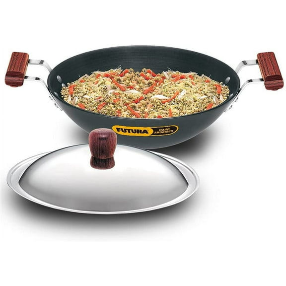 Hawkins Futura Hard Anodized Deep-Fry Pan Kadhai with Steel Lid and Flat Bottom - 3.75 Litre