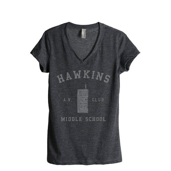 Hawkins Middle School Women's Fashion Relaxed V-Neck T-Shirt Tee Charcoal Grey Medium