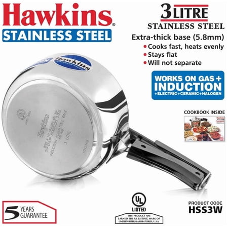 Hawkins 3 Litre Inner Lid Pressure Cooker, Stainless Steel Cooker, Wide Design Pan Cooker, Induction Cooker, Silver (HSS3W)