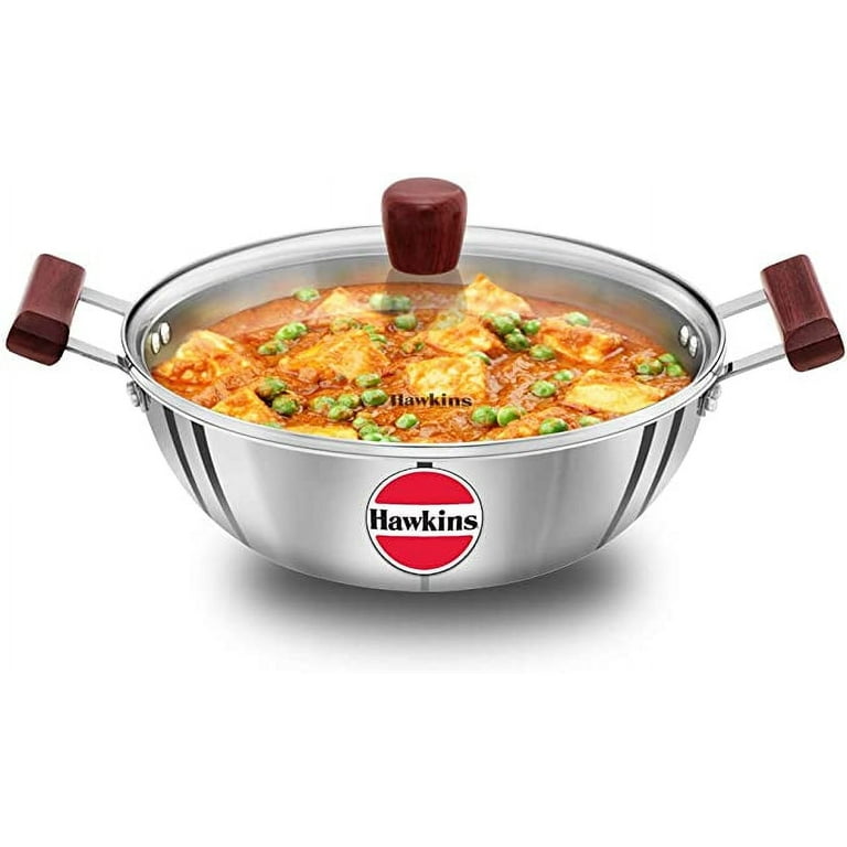 Hawkins Tri-Ply Stainless Steel Induction Compatible Deep Kadhai (Deep-Fry Pan) with Glass Lid, Capacity 4 Litre, Diameter 28 cm