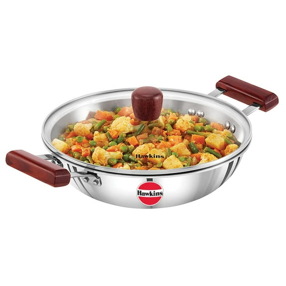 Hawkins Tri-Ply Stainless Steel Induction Compatible Deep Kadhai (Deep-Fry Pan) with Glass Lid, 2.5 Liter