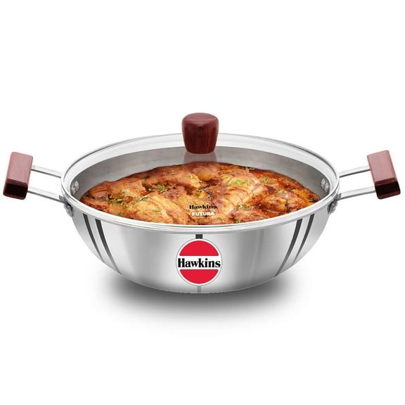 Hawkins Tri-Ply Stainless Steel Induction Compatible Deep Kadhai (Deep-Fry Pan) with Glass Lid, 5 Liter