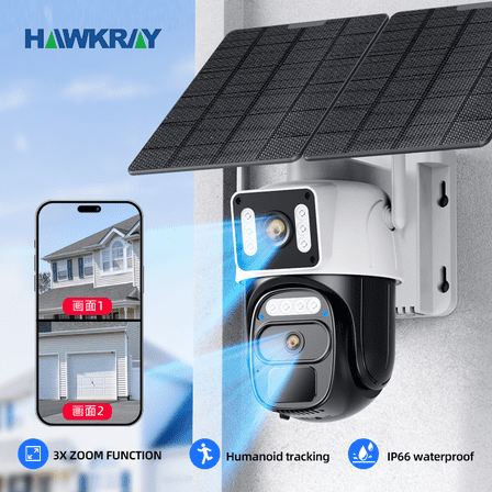 Hawkray 4G LTE Solar Security Camera Dual-Cam, Color Night Vision, 360 Pan-Tilt, Two-Way Audio, No WiFi, Built-in SIM(Need to recharge network traffic),IP66 Waterproof