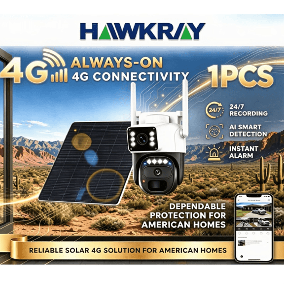 Hawkray 4G Solar Dual Lens Security Camera, 1 Pack, 4MP PTZ, Auto Tracking, 2-Way Talk, No WiFi Needed, IP66 Waterproof