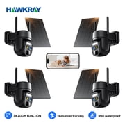 4pcs Hawkray solar security camera - 2k360 black wireless outdoor WiFi camera, 10x zoom, with human detection function, spotlight, SD card or cloud storage.