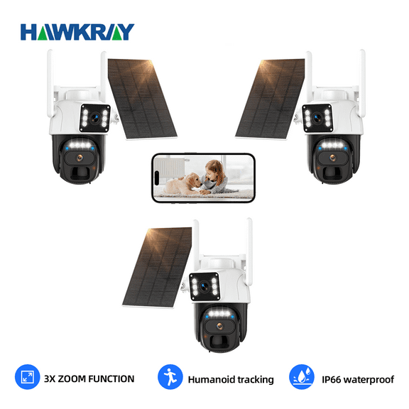 3PCS Hawkray Solar Security Camera - 360 Dual Lens,Spotlight/siren Alarm,5G/2.4G WIFI,3mp Color Night Vision,IP66 waterproof