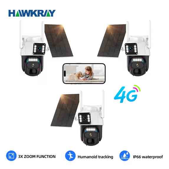3 solar 4G security cameras with HAWKRAY dual lenses, 360 wide viewing angle, sports spotlight and siren alarm, 3 megapixel color night vision, IP66 waterproof outdoor home security camera.