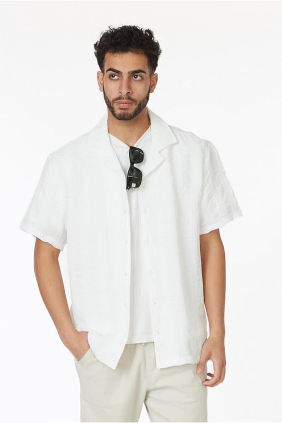 Hawks Bay Men's Crochet Textured Short Sleeve Shirt Spread Collar White