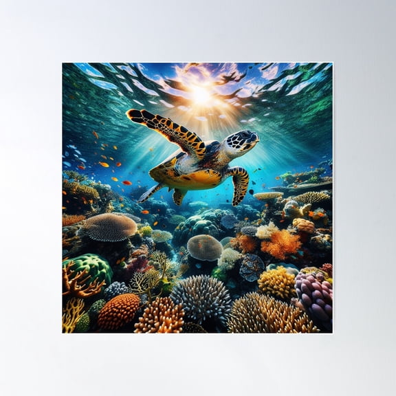 Hawksbill Sea Turtle - Swimming With Coral Reefs Poster Wall Art, Modern Wall Decor For Living Room Bedroom, 30x30 UNFRAMED