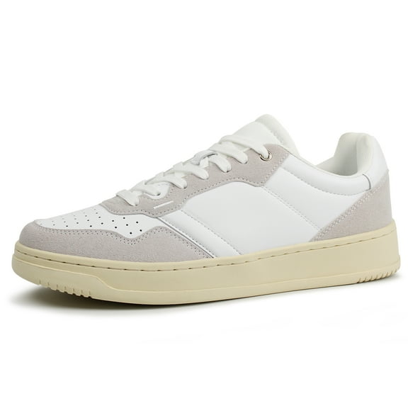 Hawkwell Men's Classic Leather Low Top Fashion Sneakers Casual Dress Sneakers Skate Walking Shoes,White Grey,US 10.5