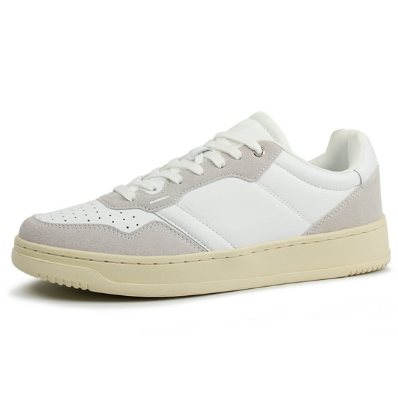 Hawkwell Men's Classic Leather Low Top Fashion Sneakers Casual Dress Sneakers Skate Walking Shoes,White Grey,US 11