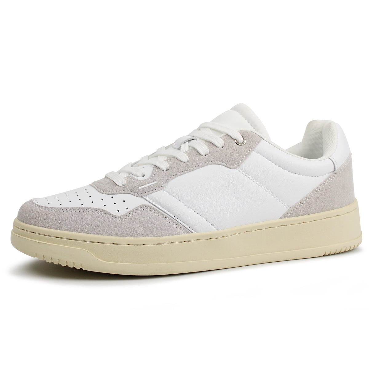 Hawkwell Men's Classic Leather Low Top Fashion Sneakers Casual Dress Sneakers Skate Walking Shoes,White Grey,US 8