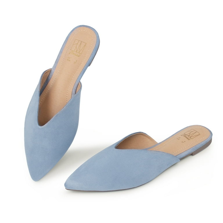 Hawkwell Women s Backless Slip on Slides Loafer Shoes Comfortable Flats Pointed Toe Mules Blue Suede 8 M US Walmart