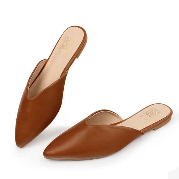 Hawkwell Women's Backless Slip on Slides Loafer Shoes Flats Comfortable Pointed Toe Mules,DK Brown PU 7 M US